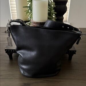 Vintage Coach Black Leather Tote with Silver Tag
